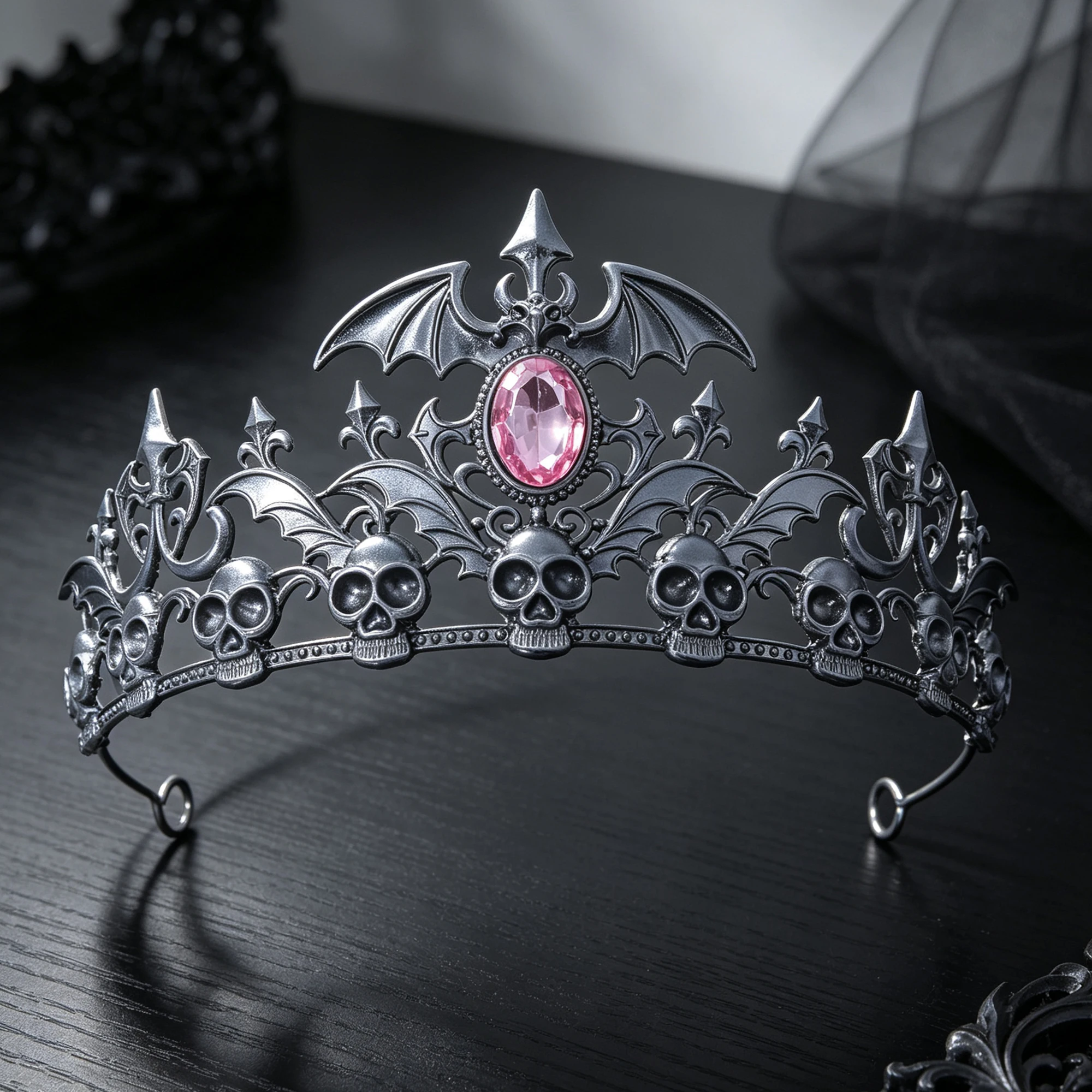 Antique Silver Skull Bat Tiara Rhinestone Gothic Headband Halloween Cosplay Dark Queen Witch Vampire Costume Party Hair Ornament - view 6
