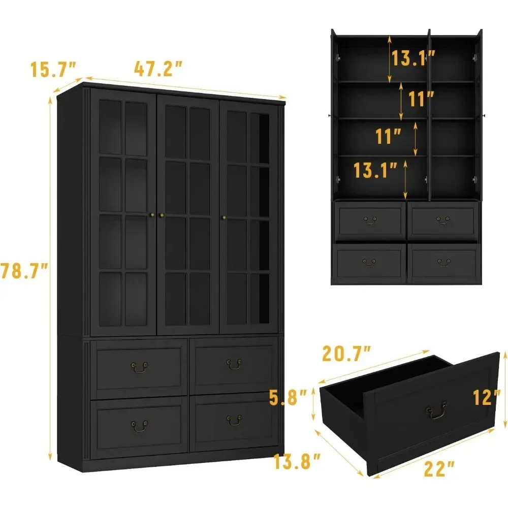 Kitchen Cabinets with 3 Glass Doors Pantry Cabinet with 4 Drawers Pantry Furniture with Adjustable Shelves