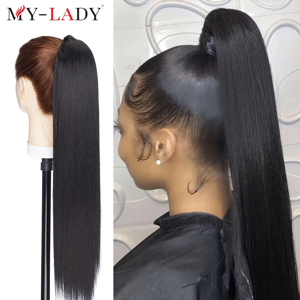 My-Lady-extensiones de cabello sintético para mujer africana, pelo Afro negro liso y puro de 22 pulgadas de largo, con Clip para fiesta, postizo de