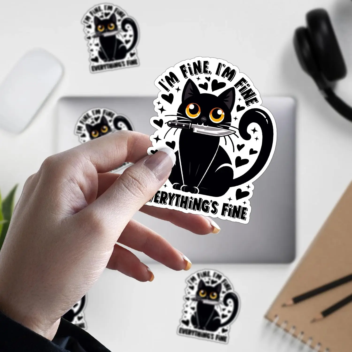 

3 шт., наклейка «Я прекрасная все», забавный трендовый мем, черный кот с ножом, водонепроницаемая виниловая наклейка