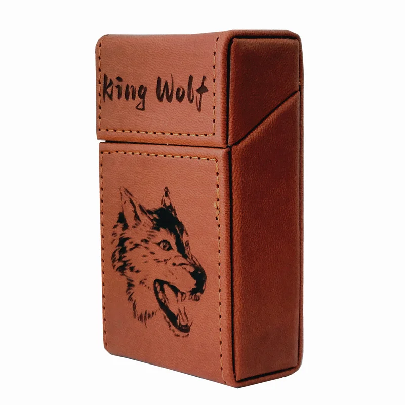 Hi Quality PU Leather Magnetic Cigarette Case 20 Pcs Whole Pack Laser Engraved Pattern King Wolf Smoking boxes