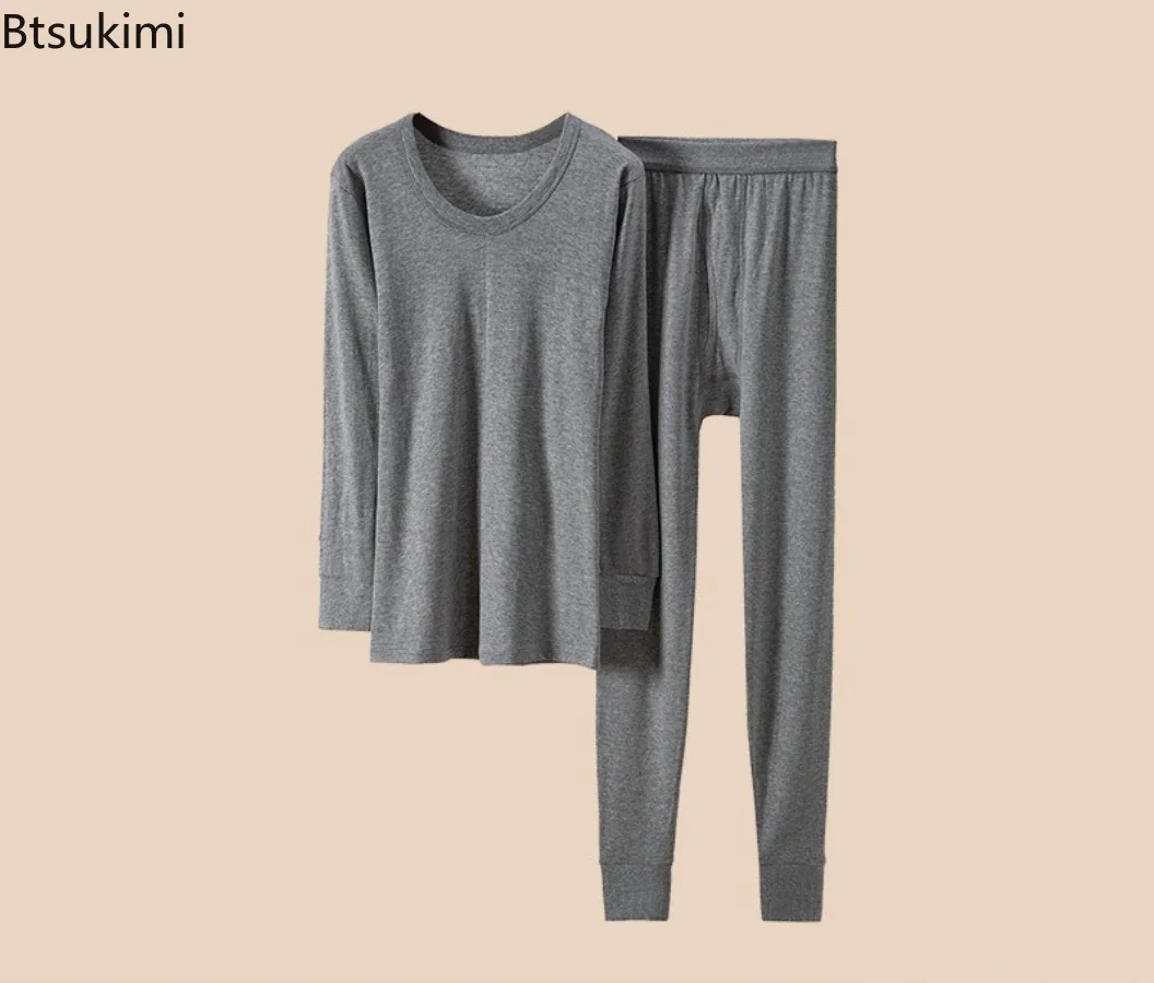 100% Pure Cotton Thermal Underwear Sets Autumn Winter Men's Solid O-neck Tops+Pants Underwear Two Piece Sets Men Long Johns Sets