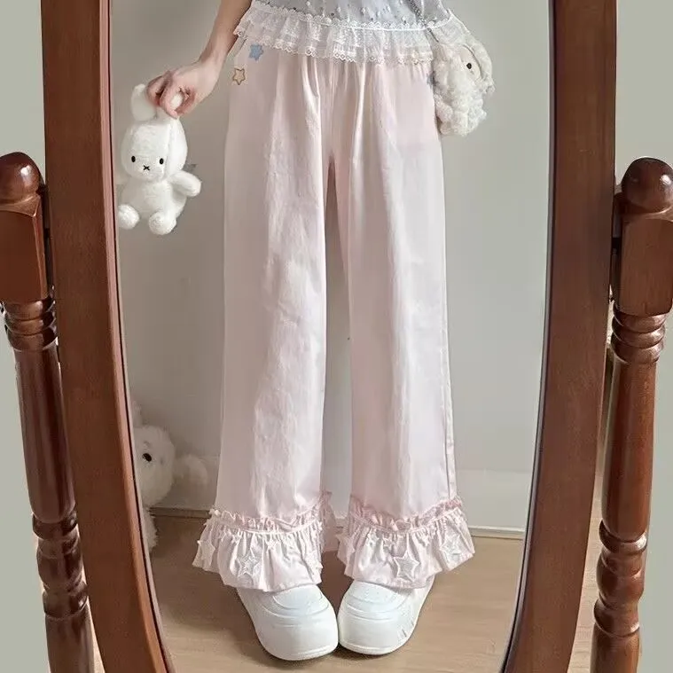 الكورية نمط لوليتا المرأة عالية الخصر السراويل لطيف ستار الدانتيل بنطال ذو قصة أرجل واسعة Y2k طالب Sweatpants عادية فضفاض Kawaii بنطلون