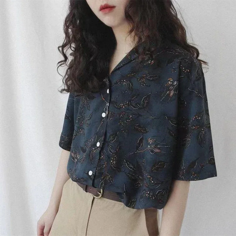 Camisa de chiffon casual solta de botão estampado vintage feminino, roupas de verão, blusas novas com tudo, senhora do escritório, V1395, 2024