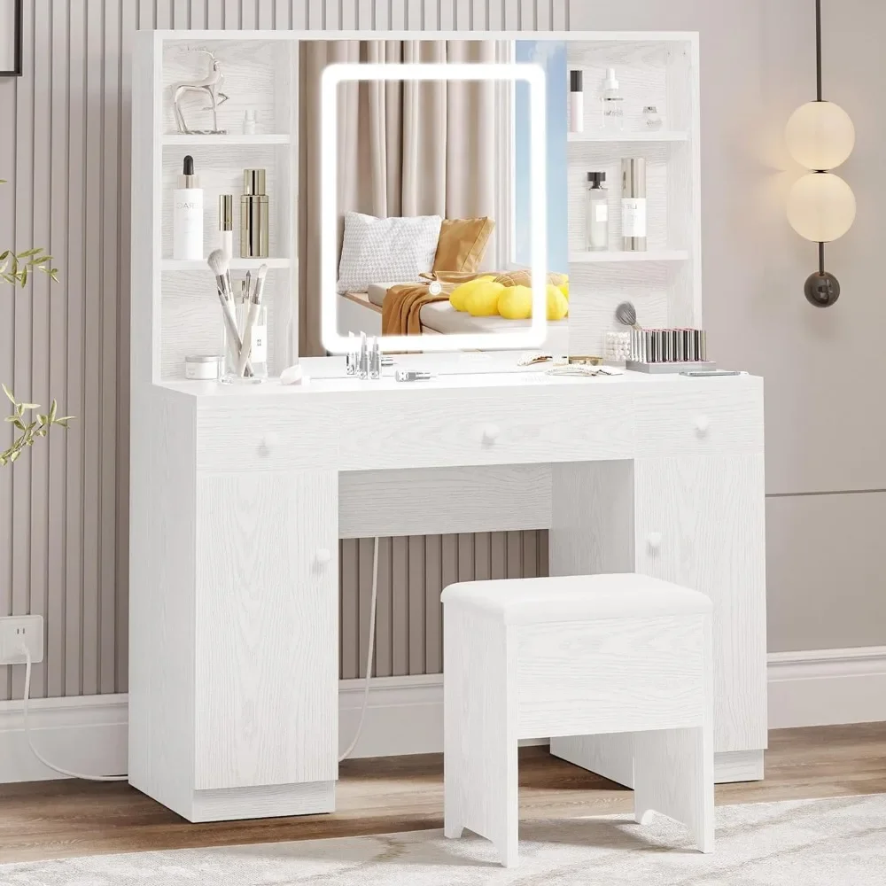 

Vanity Desk Set with Large LED Lighted Mirror & Power Outlet, 7 Drawers with Storage Bench, Industrial Style Dressing