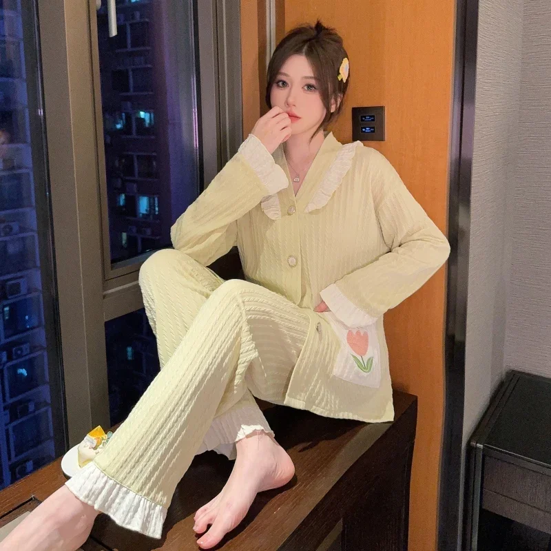 용수철 플러스 사이즈 긴팔 브이넥 코튼 파자마 세트, 한국 귀여운 잠옷, 홈웨어 의류, 2025