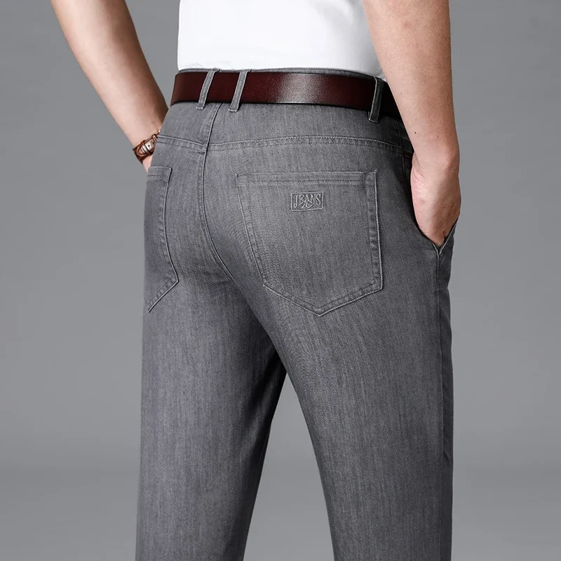 Spring Summer Business Casual Denim Stretch Pants High Quality Cotton Fashion Trousers Classic  Men's Thin Straight Grey Jeans
