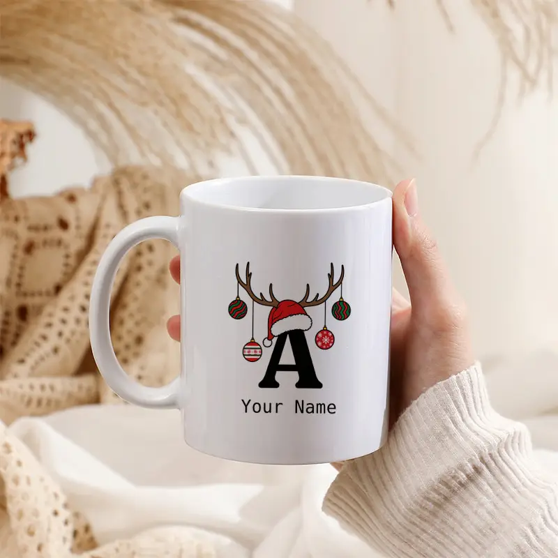 Monogram Letter A-Z Custom Name Christmas Mug Reindeer Antlers Christmas Baubles Santa Hat Ceramic Coffee Cup Holiday Gift
