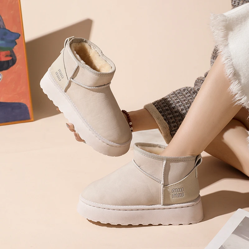 2026 جديد الشتاء الراحة بلون منتصف الكعب أحذية نسائية رئيس مستدير زيادة بسيطة الدافئة والصوف كم حذاء الثلوج المسطح 41 #6