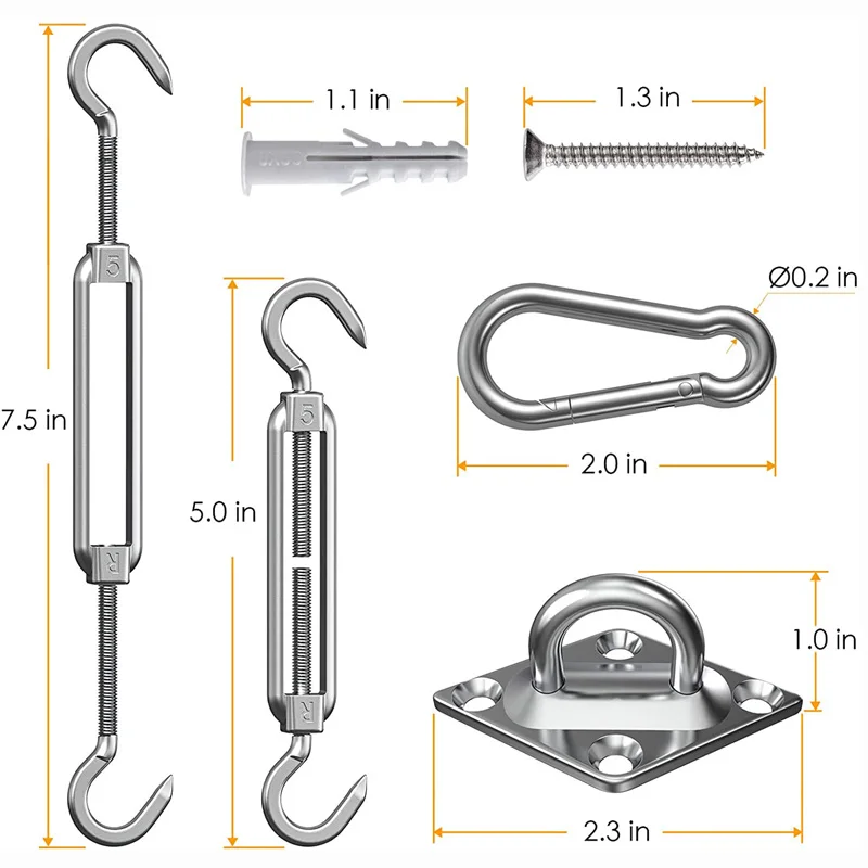 40pcs Sun Shade Sail Hardware Kit 5 inch 304 Stainless Steel for Rectangular/Square/Triangle Bivouac Installation Patio Lawn