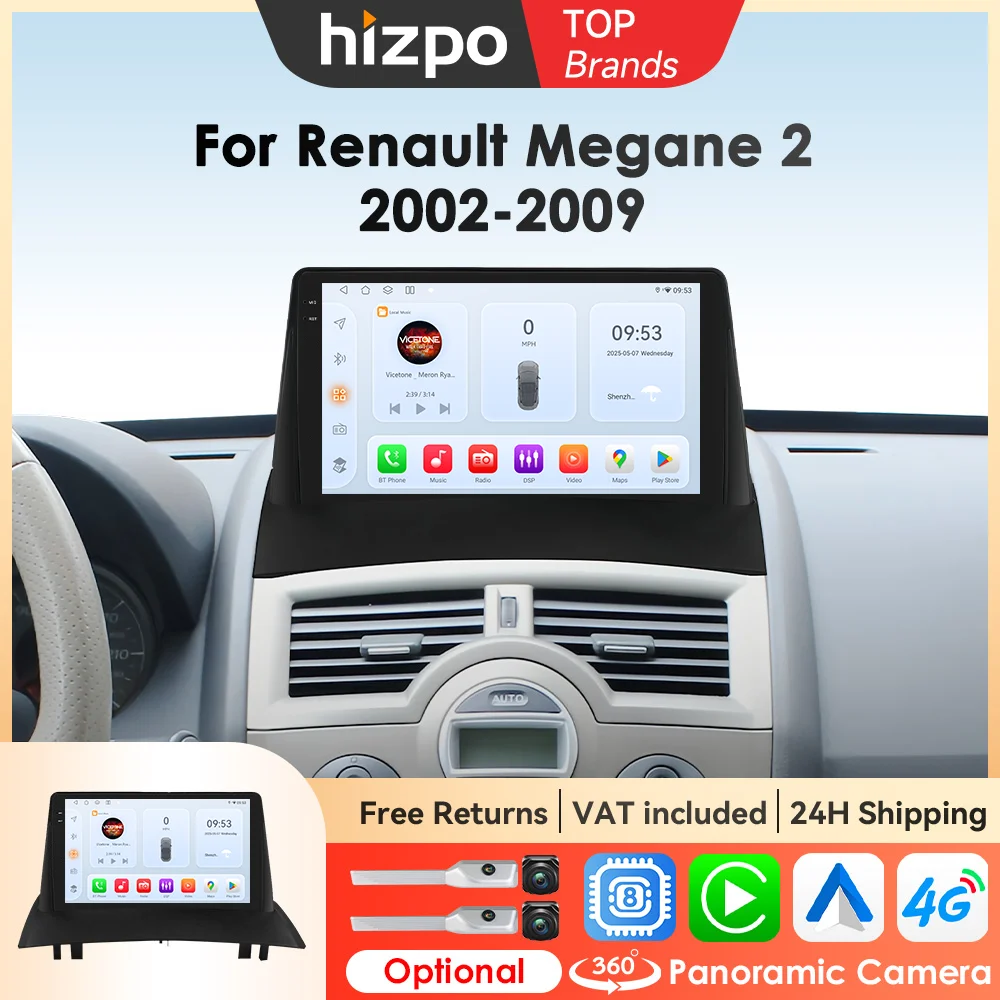Hizpo Schermo Android per Auto Per Renault Megane 2 2002-2009 QLED Radio Lettore Video Multimediale GPS Stereo CarPlay 4G di Navigazione