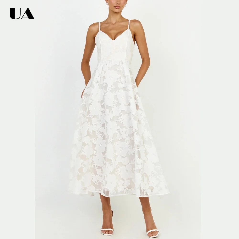 ULBYANRN Elegant A-line Flower Lace Prom Dress for Woman, Trendy Spaghetti Strap Party Dress, Customized Fashionable Midi Dress