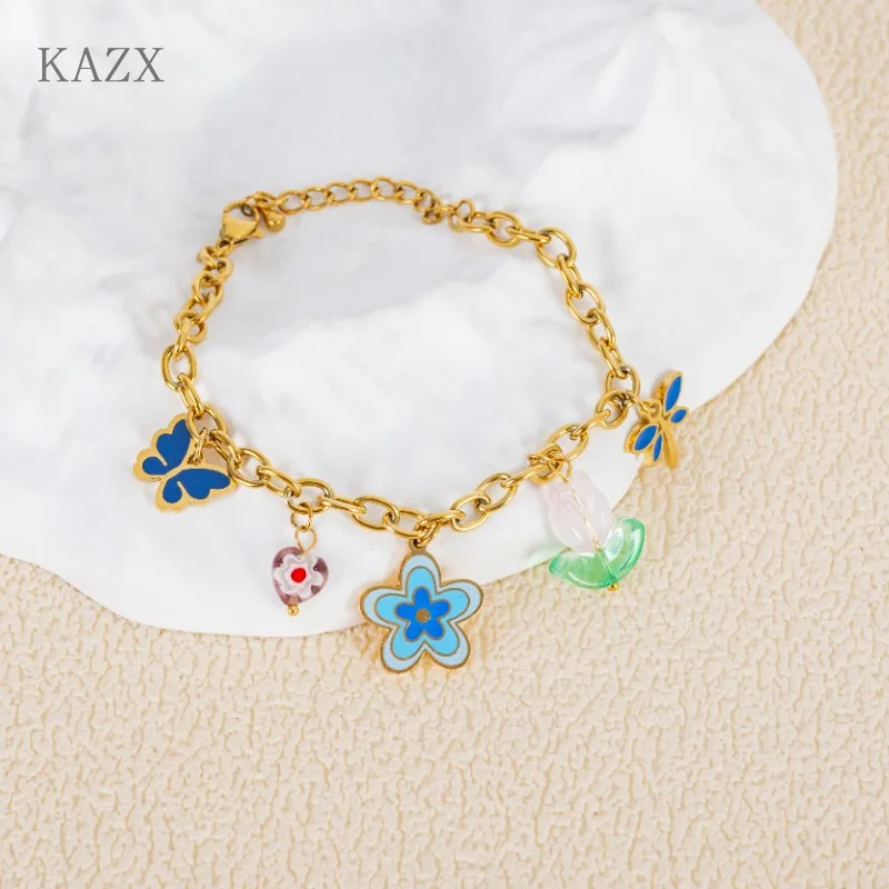 

Bohemian Floral Insect Dangle Charm Bracelet Colorful Enamel Stainless Steel Link Chain Anti Oxidation Jewelry