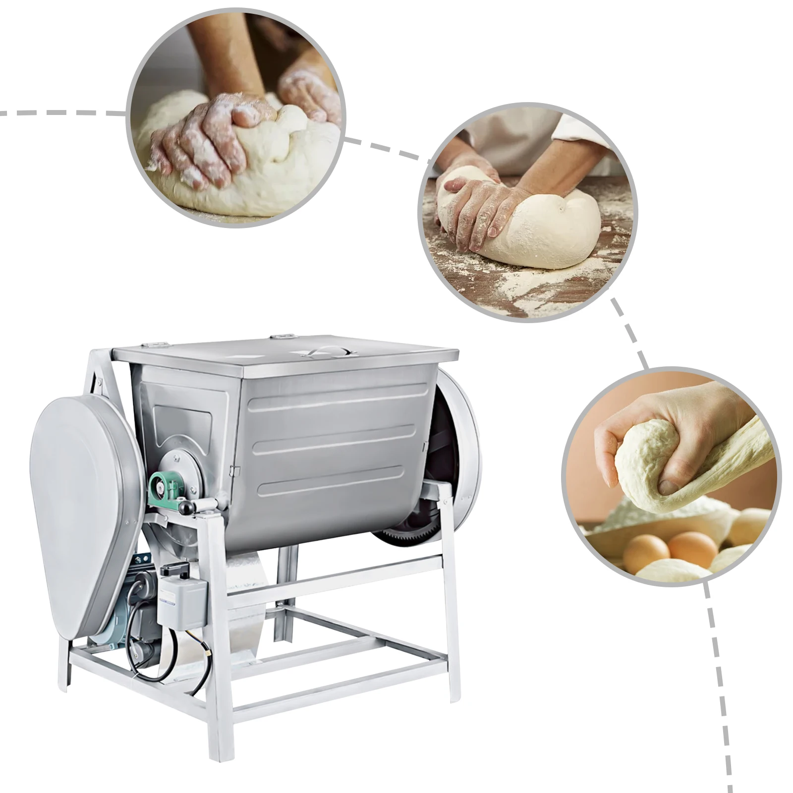 25.19*19.68*26.77 بوصة إلى الأمام والعكس آلة خلط العجين الفضة والأبيض الكهربائية الدقيق مسحوق جاف مع المحرك يربك