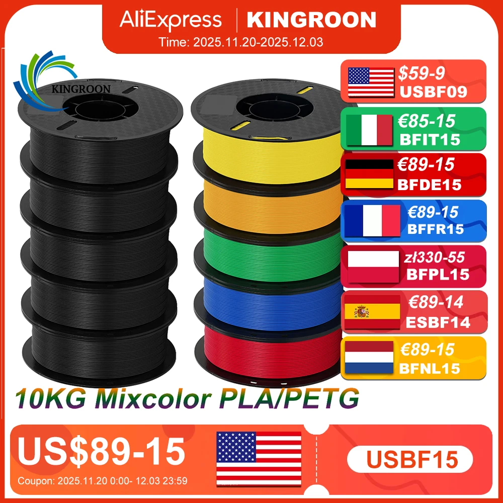 KINGROON 10KG PLA Filament PETG 3d Filament 1.75mm For 3D Printer Filament Bundle Mixed colors FDM Printing Material Fast Ship