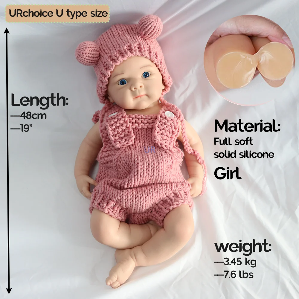 100% Whole Body Silicone Reborn Baby Girl 48cm 7.6 Lbs Flexible Cuddly Washable Newborn Doll Anti-Stress Collection Toy