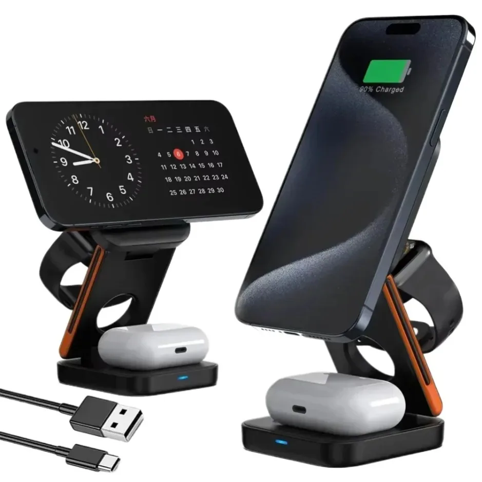 30W 3-in-1 접이식 마그네틱 무선 충전 스탠드 (아이폰 16, 15, 14, 13, 12, 애플워치 9, 8, 에어팟 프로 고속 충전 스테이션)