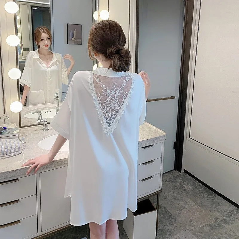Sexy Lace Shirt Nightdress Hollow Back Women Sleepwear Loose Home Dress Silky Satin Nightshirt Turn Down Collar Loungewear