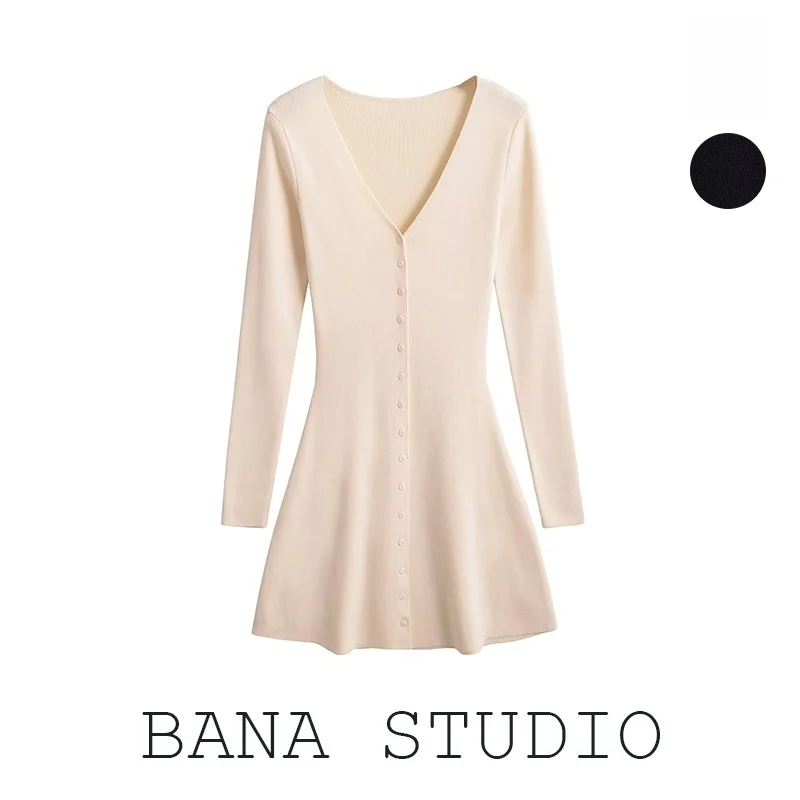 

BANA Tailor V-образный вырез на одной пуговице, трикотажное платье, женская длинная юбка для похудения с завышенной талией, осень-зима