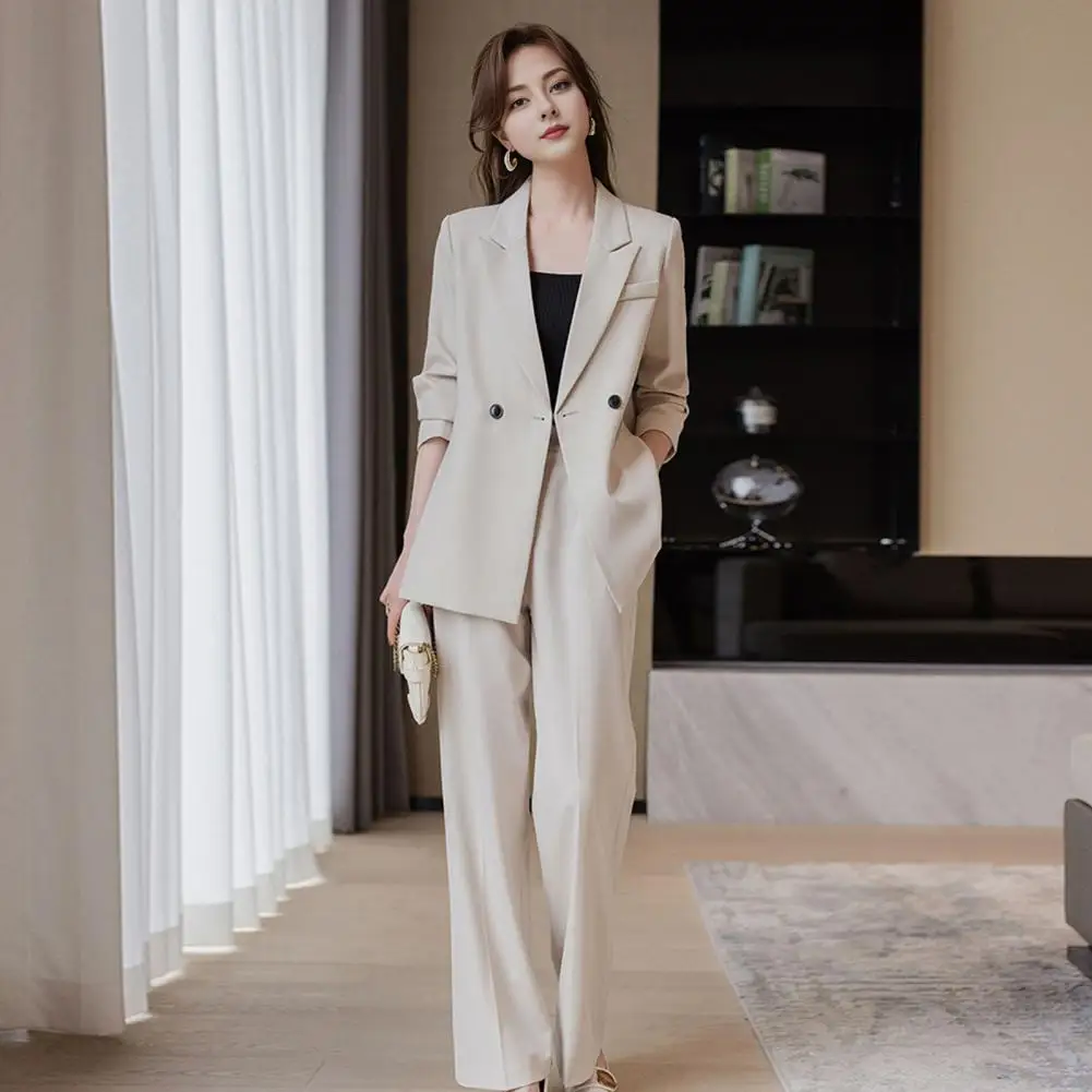 Women Coat Pants Set Elegant Women\'s Formal Suit Set with Turn-down Collar Jacket Trousers Stylish for Commuting for Ladies