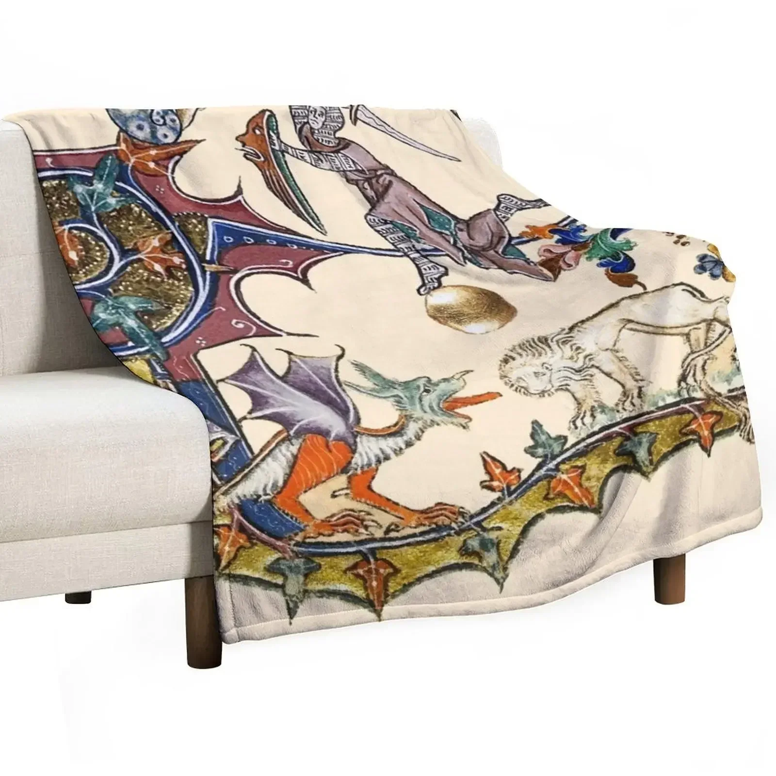 

WEIRD BESTIARY,MEDIEVAL KNIGHT FIGHTING SNAIL,DRAGON AND LION by Bulgan Lumini Throw Blanket Soft Beds Hairys Blankets