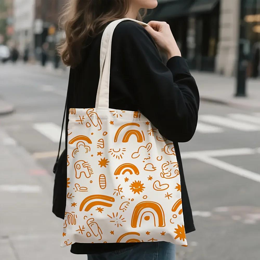 1pc Women's Tote Bag - Cute Minimalist Orange & White Everyday Purse with Rainbow, Stars, Suns - Lightweight Spacious Bag for Wo