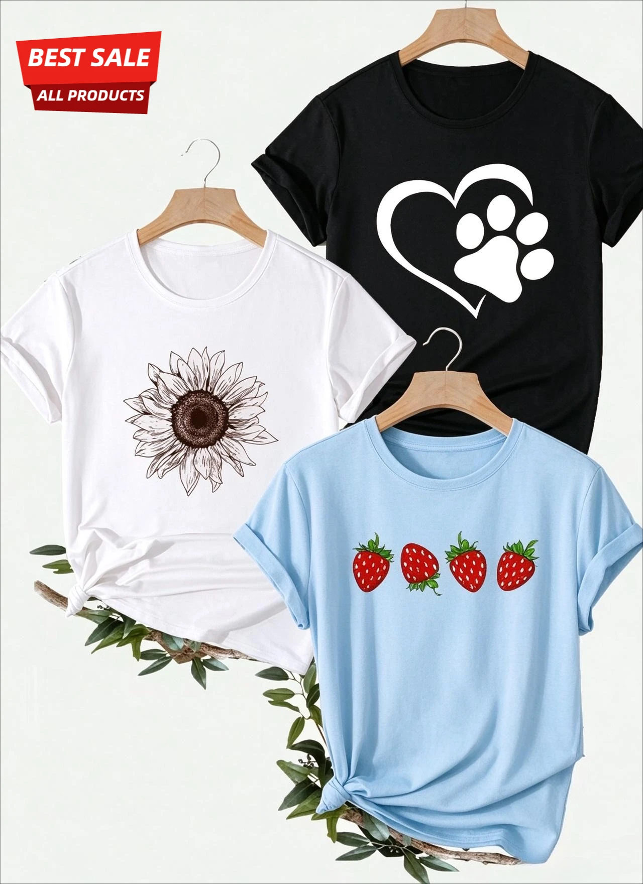 3 Pack White T Shirts Women Sunflower Strawberry Dog Paw Print Graphic T Shirts Multi Pack Casual Short Sleeve Tees