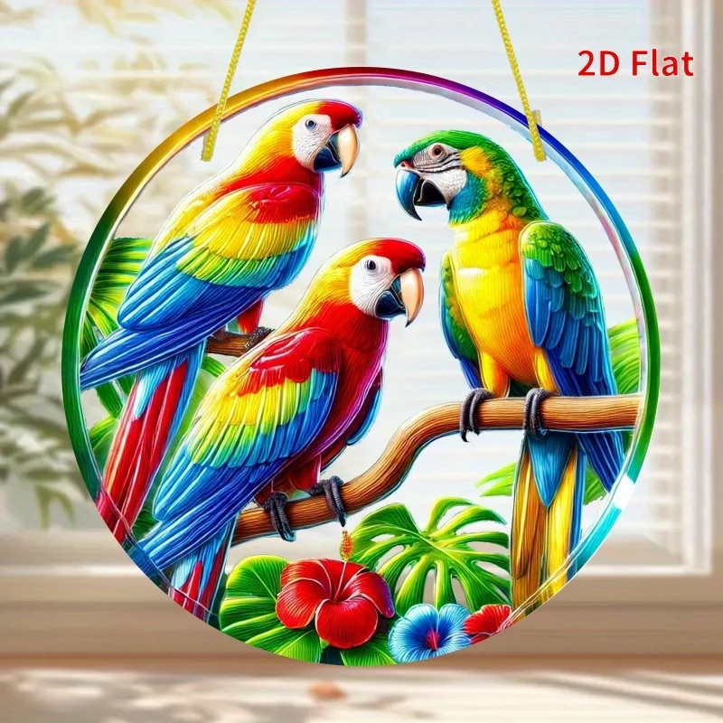 

2D плоский акриловый подвесной декор в стиле витражного стекла, 1 шт., «Очаровательный попугай-солнечный ловец» - круглый, 8x8 дюймов, с яркой тропической листвой