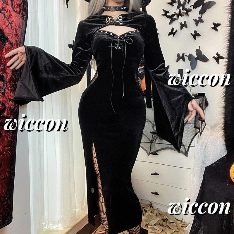 Halloween Gothic Grunge Punk Women Dress Long Sleeve Horn Sleeve Black Sexy Dress 2024 New Y2K Harajuku Party Dress