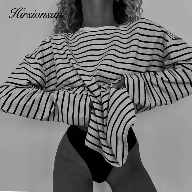 Hirsionsan Long Sleeve Striped T Shirt Women 2023 Spring Summer Oversized 100% Cotton Tshirts Female Casual Chic Tees Girls Tops