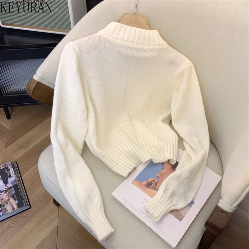 French Elegant White Sequins Zipper Knitted Cardigan Sweater Women Autumn Winter Korean Fashion O-Neck Long Sleeve Knitwear Tops