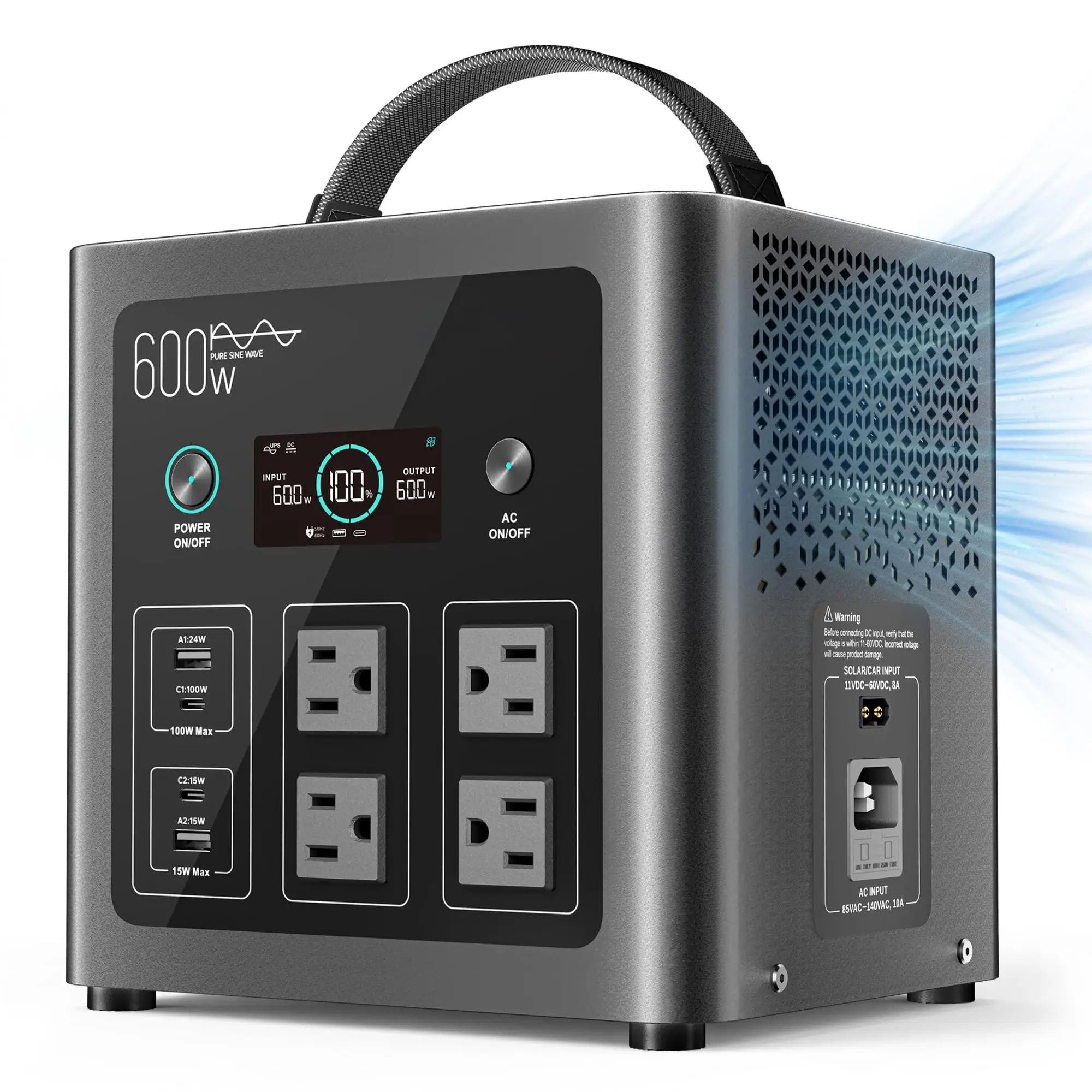 Portable Power Station C600, 640Wh Solar Generator 600W 4 AC Output