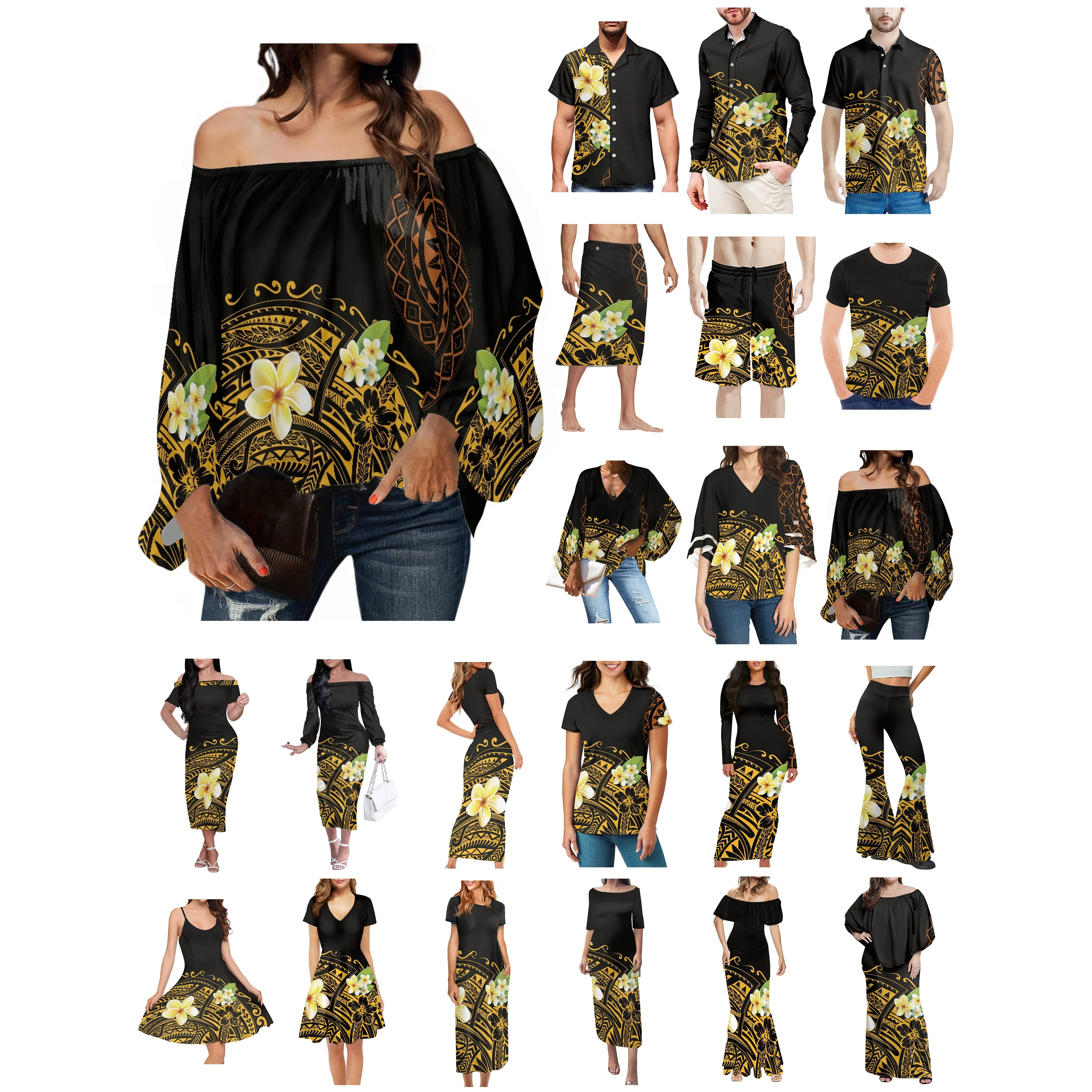 Polynesian Tonga Hawaii Fiji Guam Samoa Pohnpei Tribal Tattoo Prints Clothes Women Dress Matching Men Shirt Black Lovers Clothes