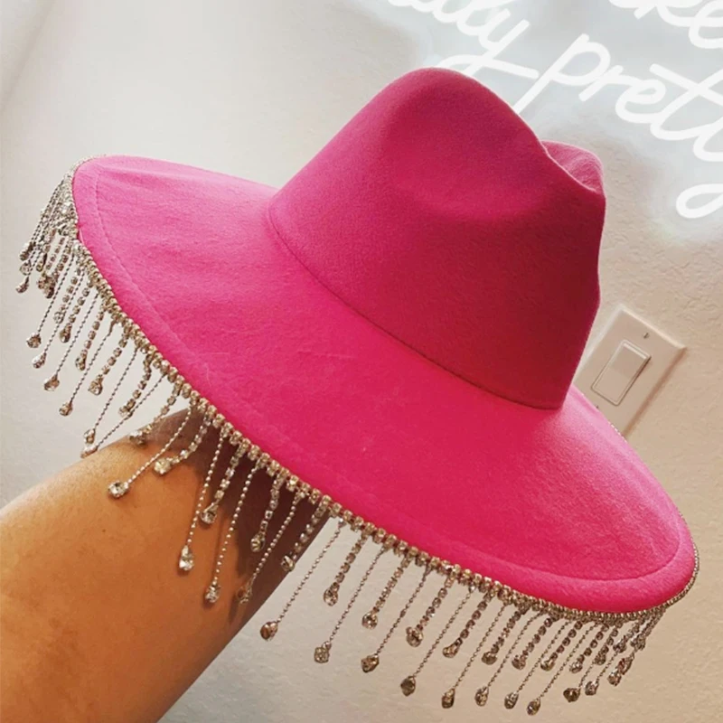 Women Rhinestone Tassel Decor Wide Brim White Fedora Hat For Party Cap Handmade Rhinestone Fringe Cowgirl Hat  Wholesale