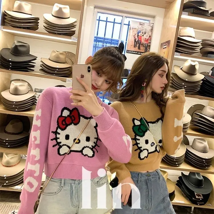 Kawaii Sanrios Series Hello Kitty Anime Cartoon Print Long Sleeve Pink Sweater Women\'s Pullover Loose Crew Neck Sweater