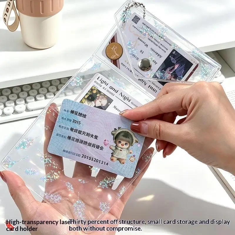 Glitzernder, transparenter, dreifach faltbarer PVC-Kartenhalter, Mini-Geldbörse mit Schnappverschluss und Perlenketten-Schlüsselanhänger für Ausweiskarten, tägliche Aufbewahrung, Geschenk – Detail 3