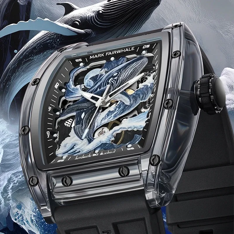 

Mark Fairwhale Large-SIZE Fashion Tonneau Men's Mechanical Watch Leaping Kunpeng Dial Skeleton Transparent Case reloj hombre