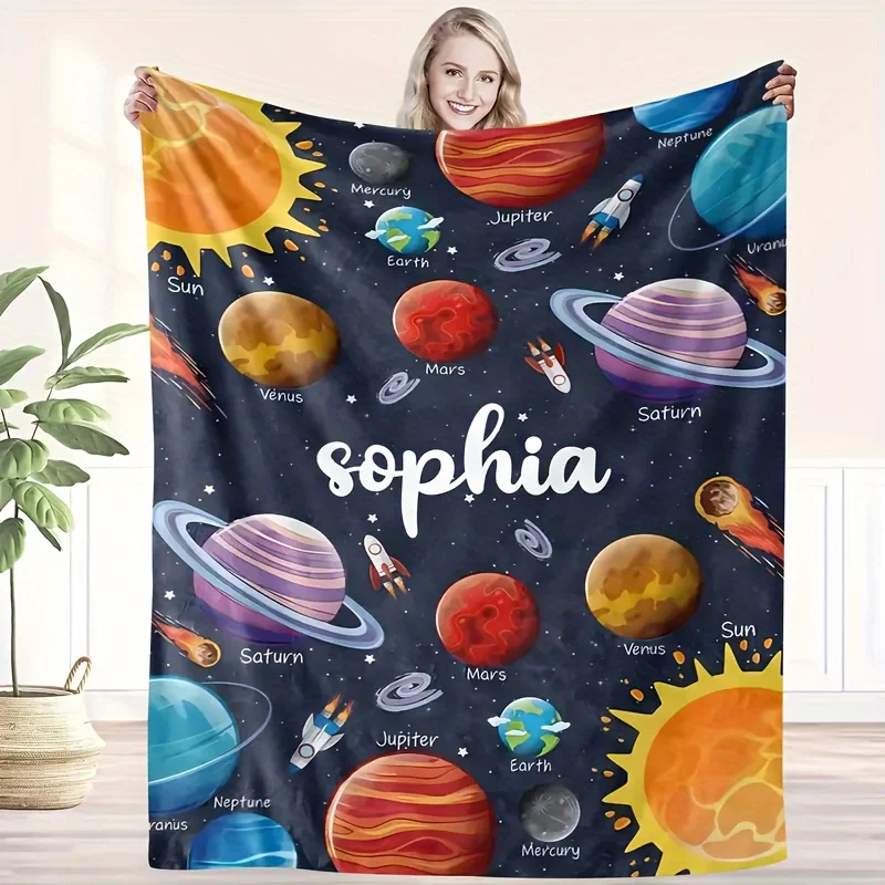 1 customized space planet blanket with personalized soft flannel parabolic shape, vibrant solar system design, all season