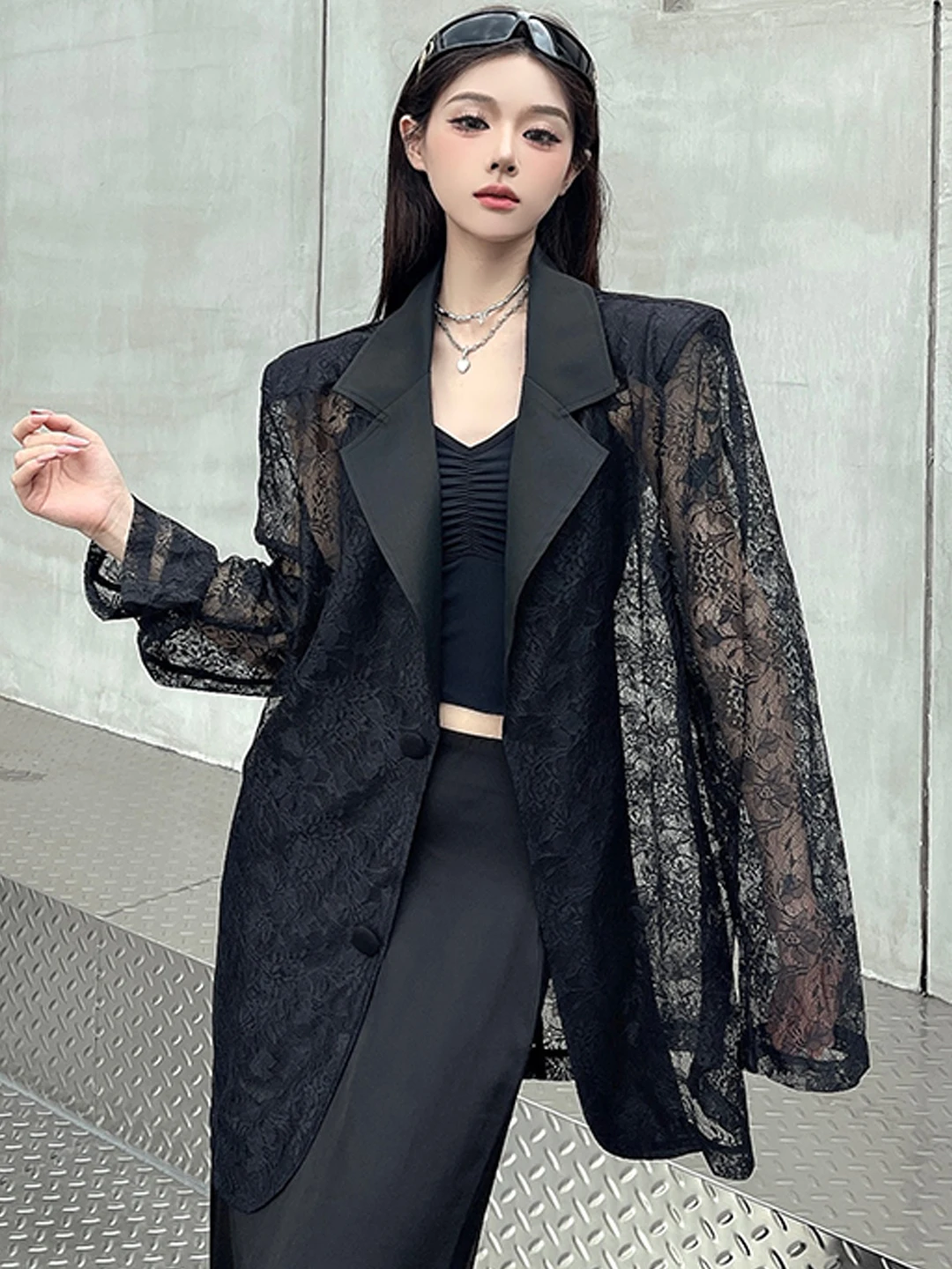 Black Lace Embroidery See-through Hollow out Sexy Suit Jacket Women's Summer Thin Sun Protection Western Style Fashionable