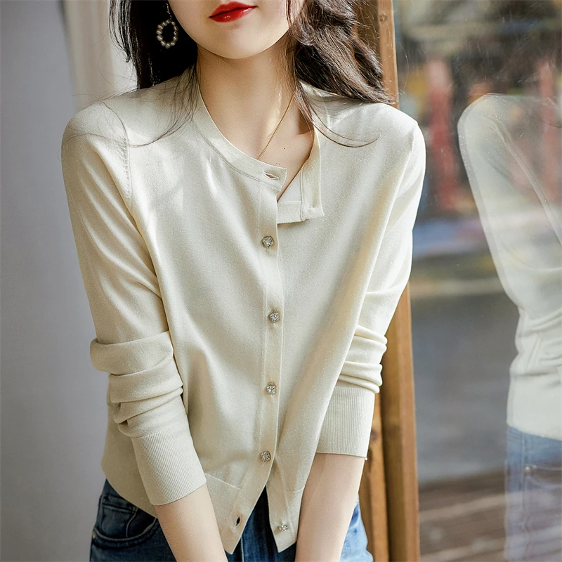 Fashionable bright silk cashmere knit cardigan women spring and autumn thin sweater coat loose age-reducing leisure jacket