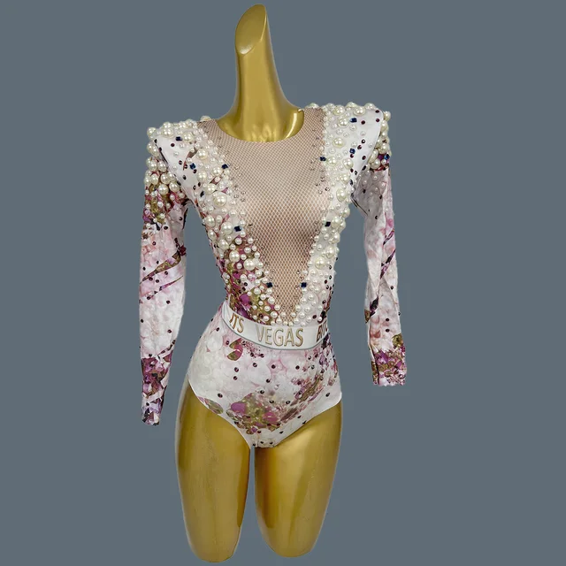 Vintage Printing Pearls Bodysuit Nightclub Party Performance Costumes Las Vegas Gig Outfit Bar Singer Fancy Bodysuit Zhenzhugang