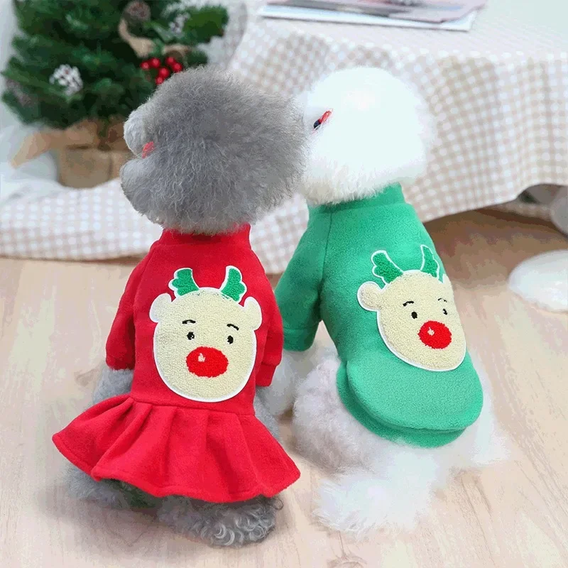 Pet Christmas Dress Christmas Elk Dog Clothes Couple Two Leg Clothes Bear Teddy Dog Autumn/Winter Velvet Clothes Dresses