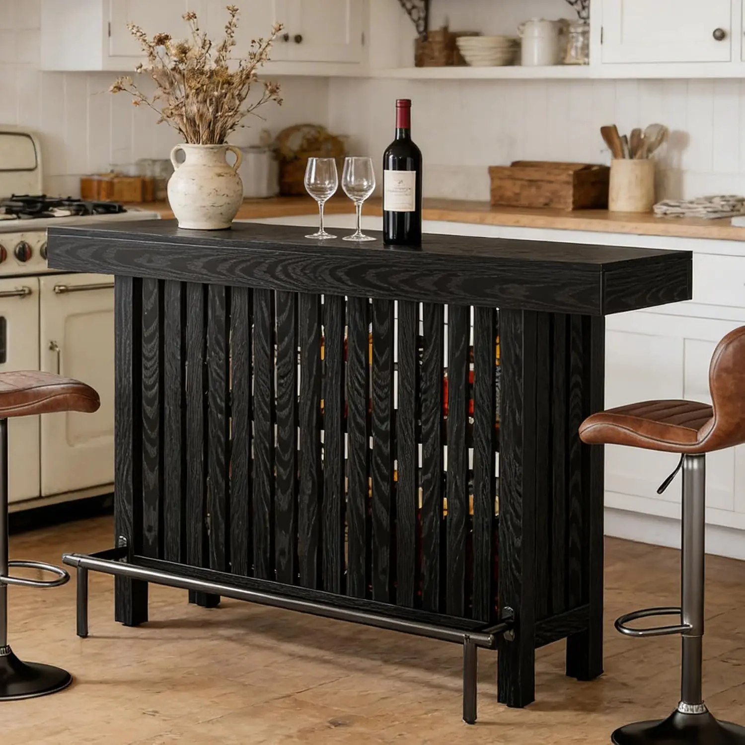 Bar Table with Footrest, 63 Inches Modern Home Bar Unit with 2-Tier Storage, 42