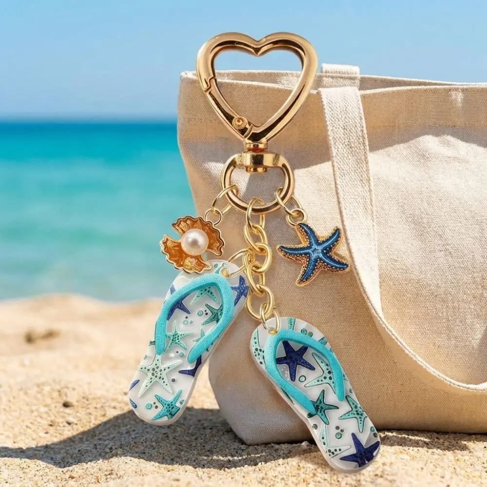 Acrylic Flip Flop Starfish Keychain Anti-fade Portable Summer Beach Pearl Keyring Heart Clasp Funny Ocean Shell Bag Charm