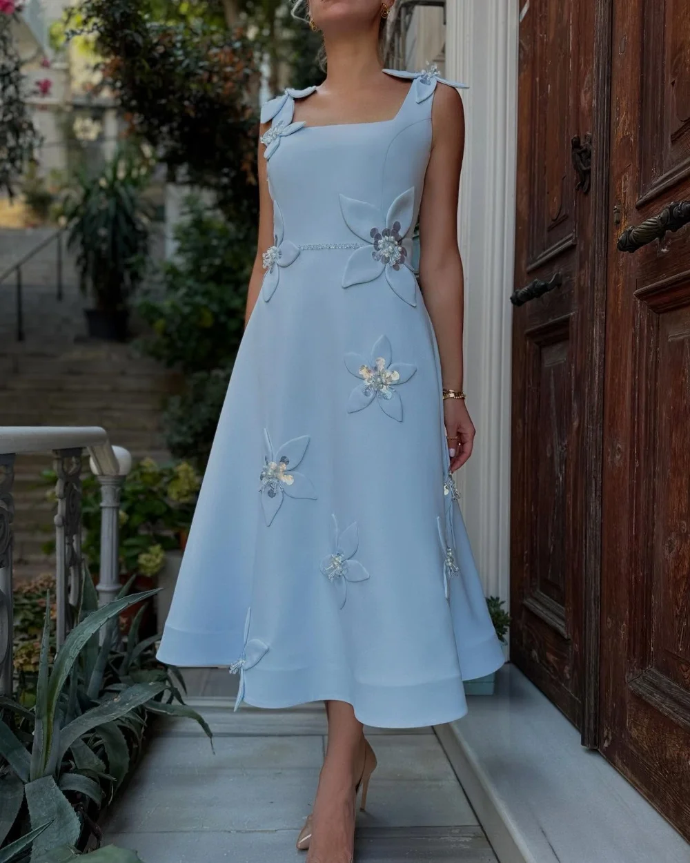 

Customized Retro Pastrol Handmade Flower Sequined Pearl A-line Square Neck Midi Dresses Bespoke Occasion Dresses Sizes Available