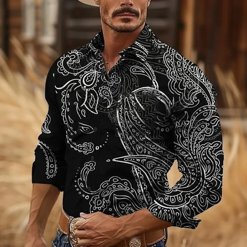 Men's Retro Western Cowboy Style 3D Printed Long Sleeve Shirt New Fashion High Quality Collar Shirt Casual Design Men's Clothing