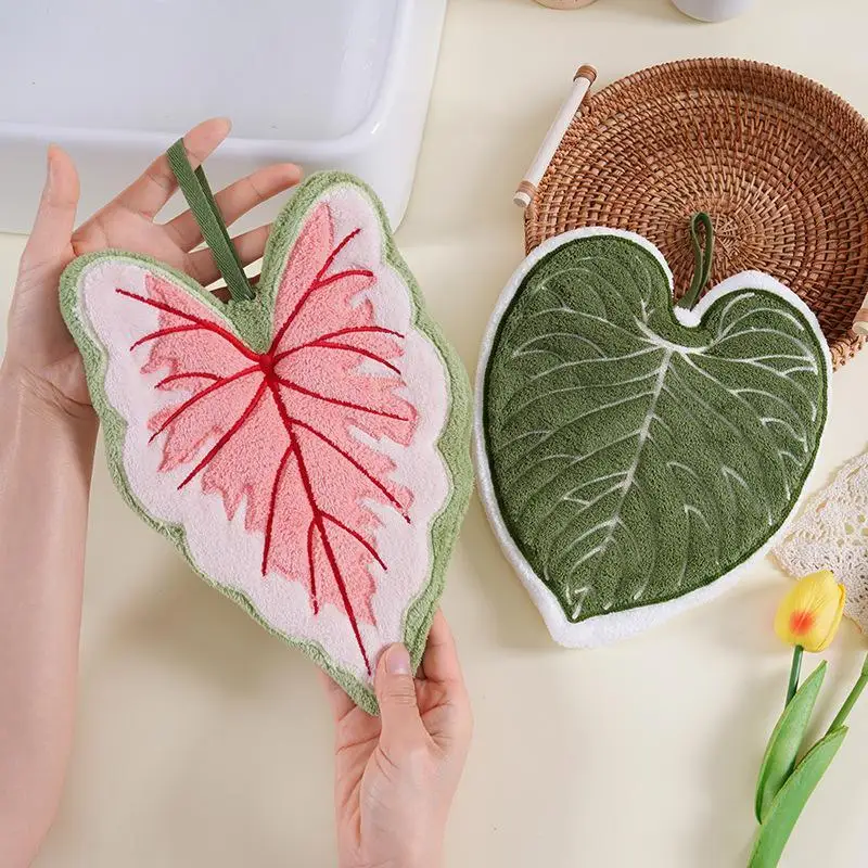 Creative Leaf Shaped Microfiber Hand Towel Super Absorbent Soft Hanging Cleaning Towel for Kitchen Bathroom Home