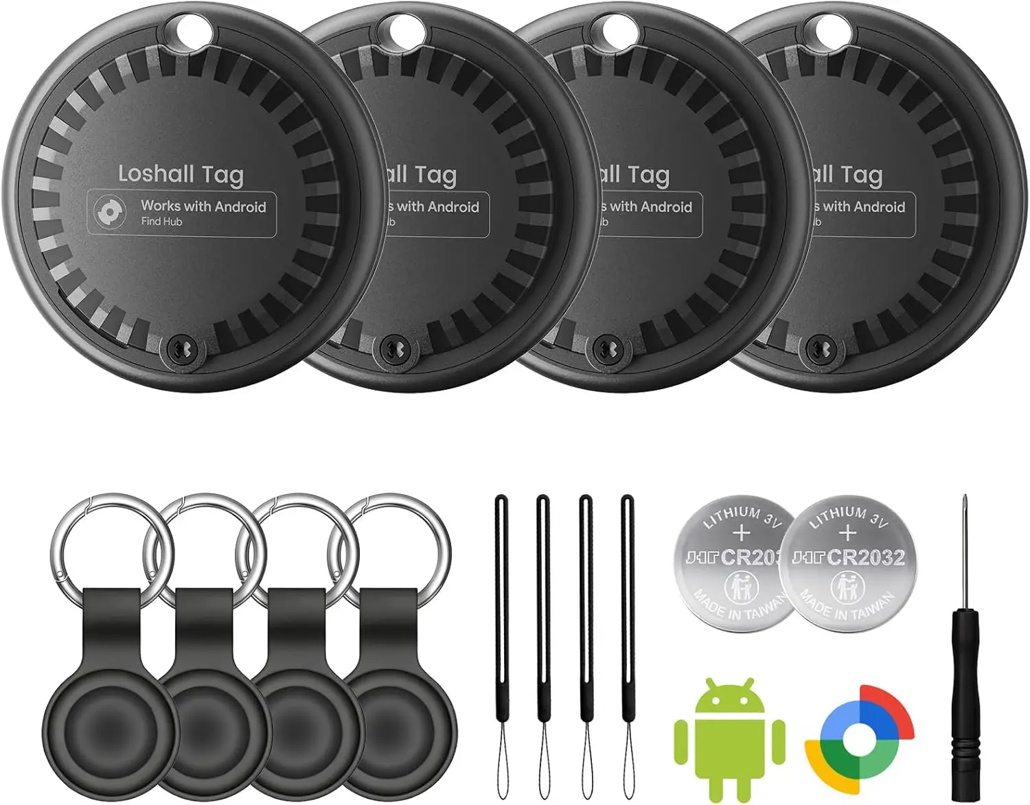 

Android Air Tags 4 Pack, 2 Year Battery, IP65 Waterproof Tracker for Keys & Luggage