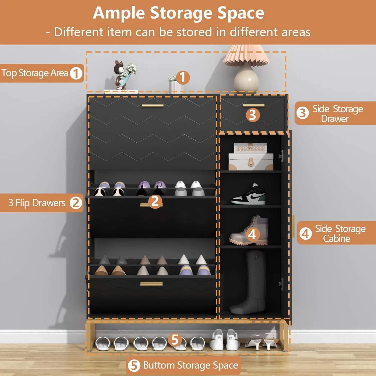 Free Standing Shoe Cabinet com 3 gavetas, sapateira moderna, armário lateral ajustável, entrada