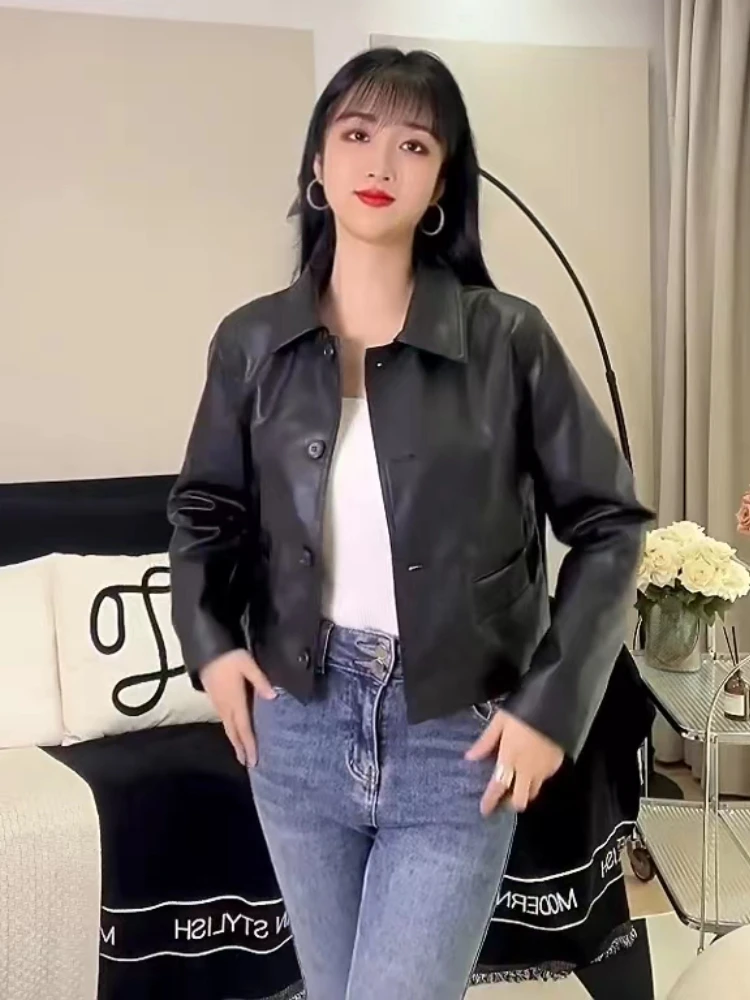 Homemade 2023 Autumn New Women\'s Leather Jacket Black Short Loose Show Slim Pu Leather Coat Korean Demi-season Jackets for Women